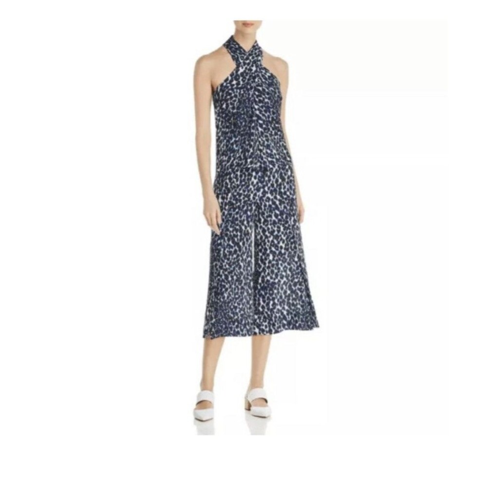 Le Gali Jumpsuit Women Size XL Blue Animal Print Sleeveless Halter Wide Leg